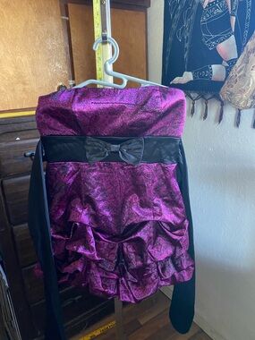 Strapless Purple Brocade Party Dress with Black Sash and Bow